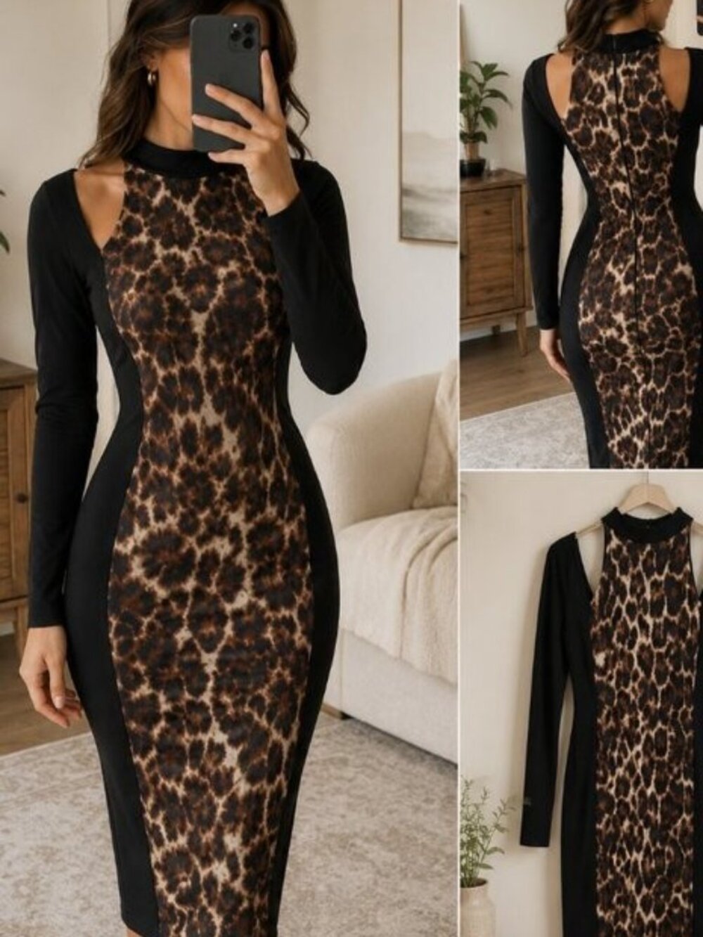 VENUS Size Small Leopard Print Bodycon Midi Dress | Gold Shoulder Bars